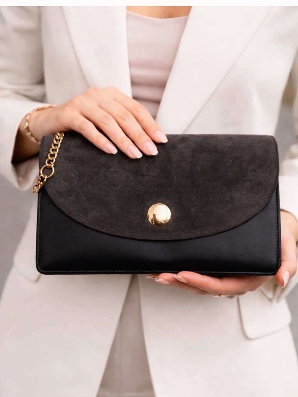 Diane Von Furstenberg saddle Clutch ash black leather Suede Flap Gold Chain 10x7